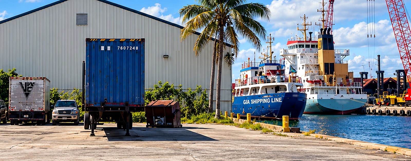 A blue shipping container in front of the GIA warehouse in Miami, with the GIA Shipping Line vessel at the dock