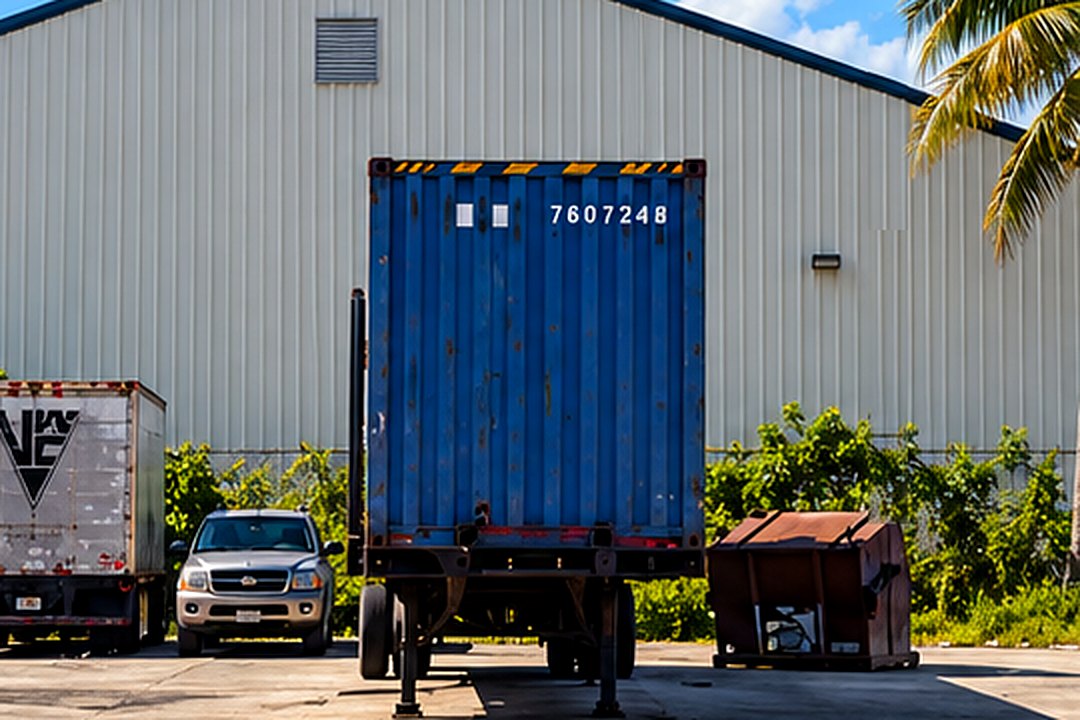 A blue shipping container on a chassis in front of the GIA warehouse in Miami