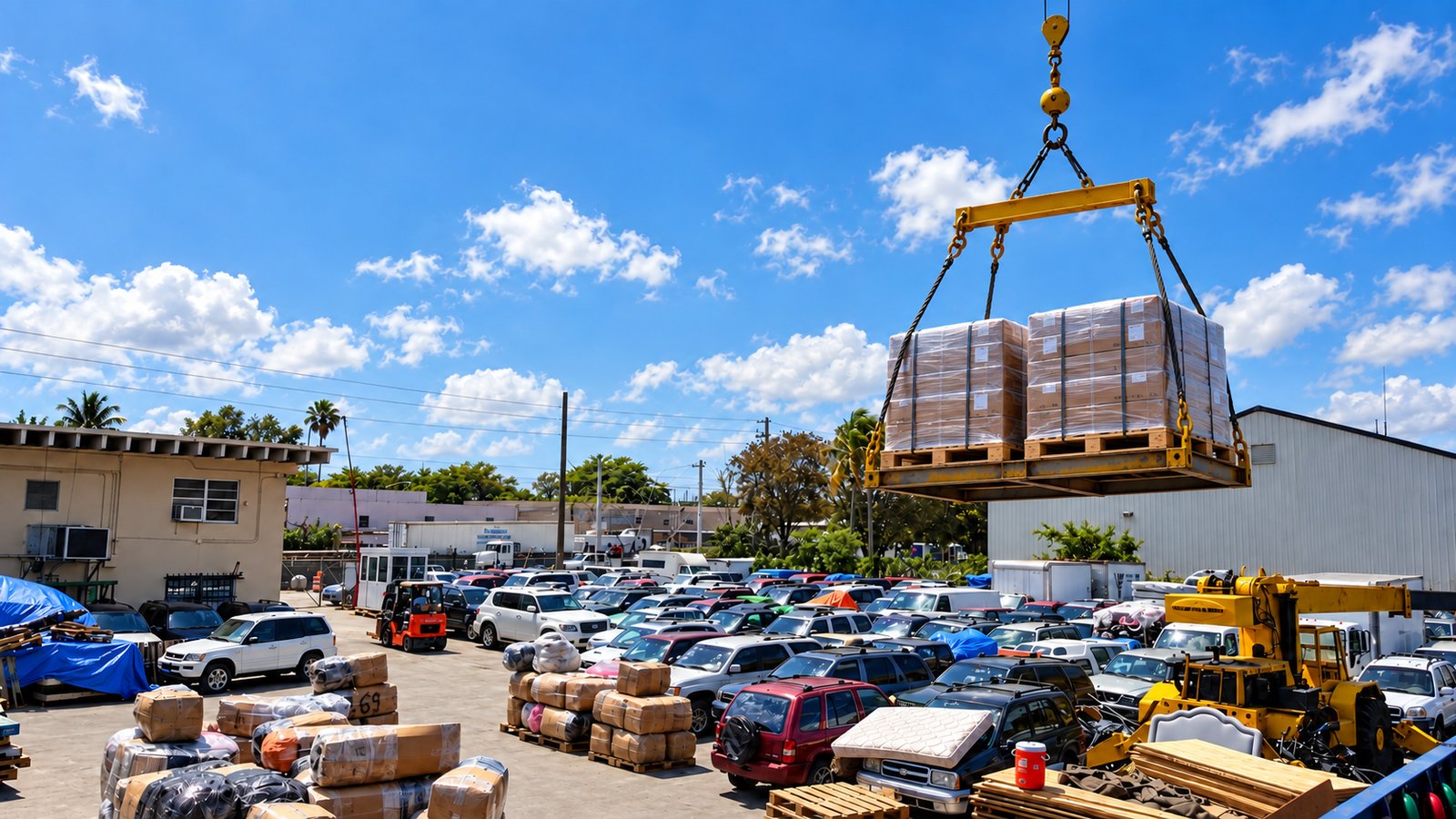 Crane lifting two pallets of boxes over the GIA yard in Miami, with parked vehicles and cargo below