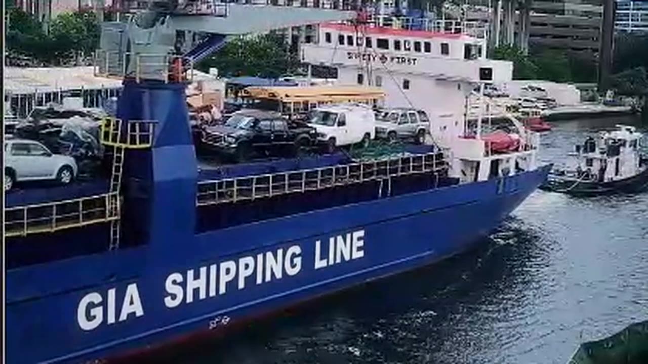 The blue GIA Shipping Line ship on the Miami River