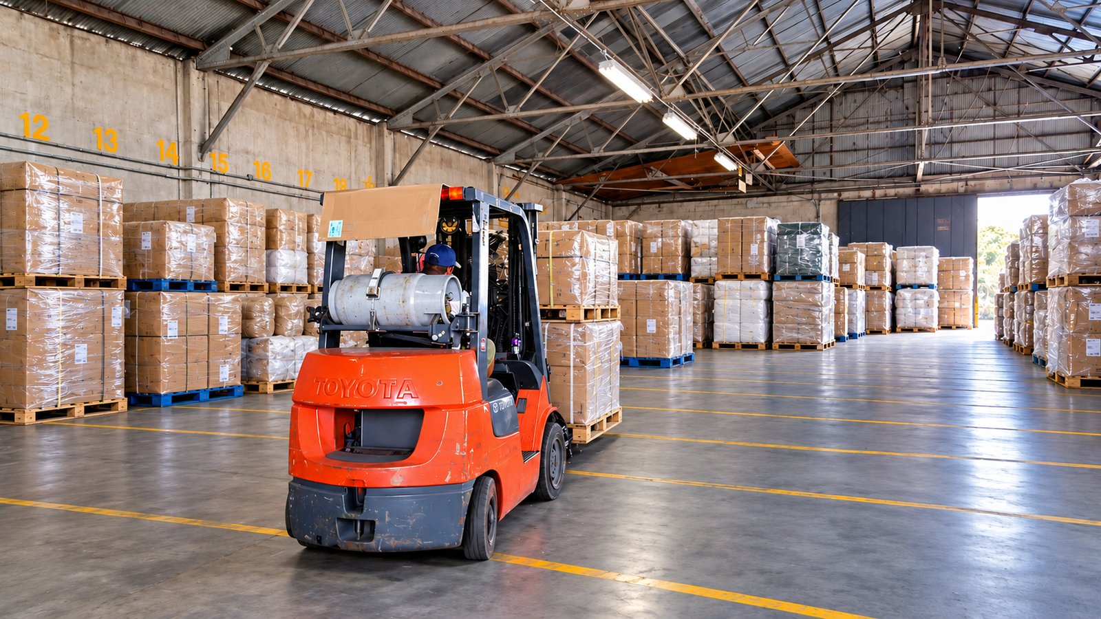 Inside the GIA warehouse in Miami: an orange forklift among pallets of boxes in numbered bays