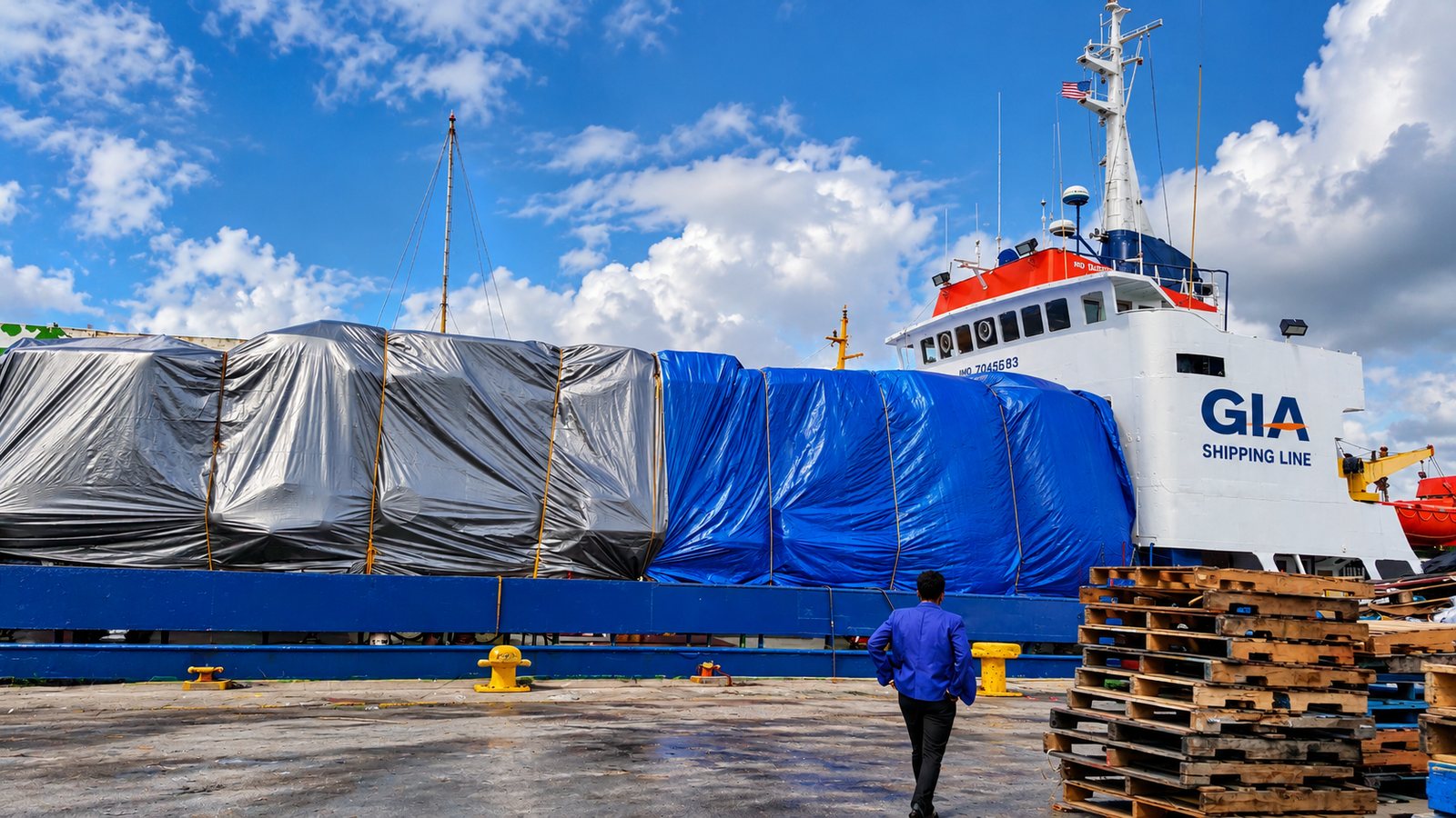 GIA Shipping Line vessel loaded with covered cargo at the Miami dock