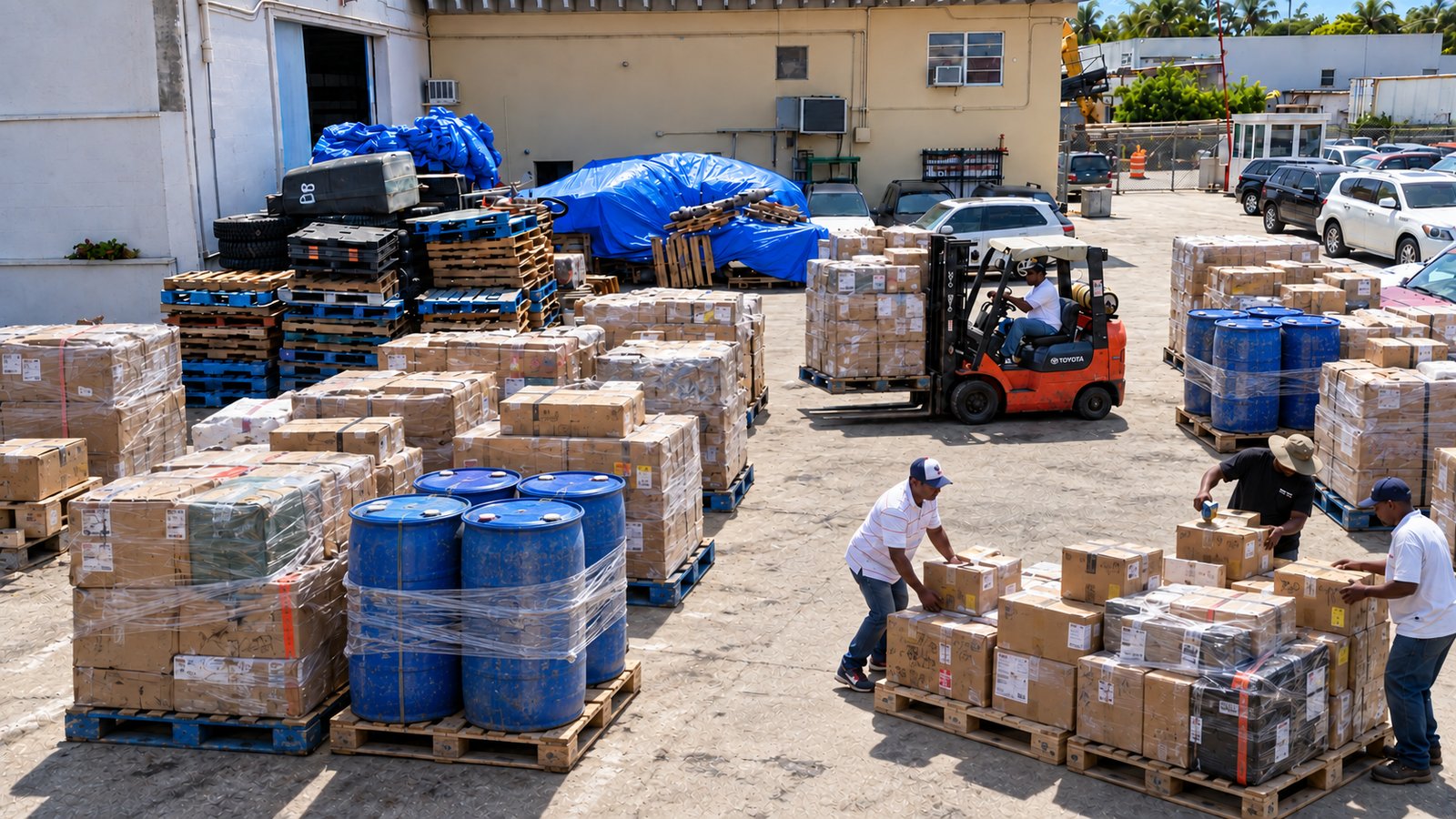 GIA crew stacking boxes and blue barrels on pallets in the Miami yard