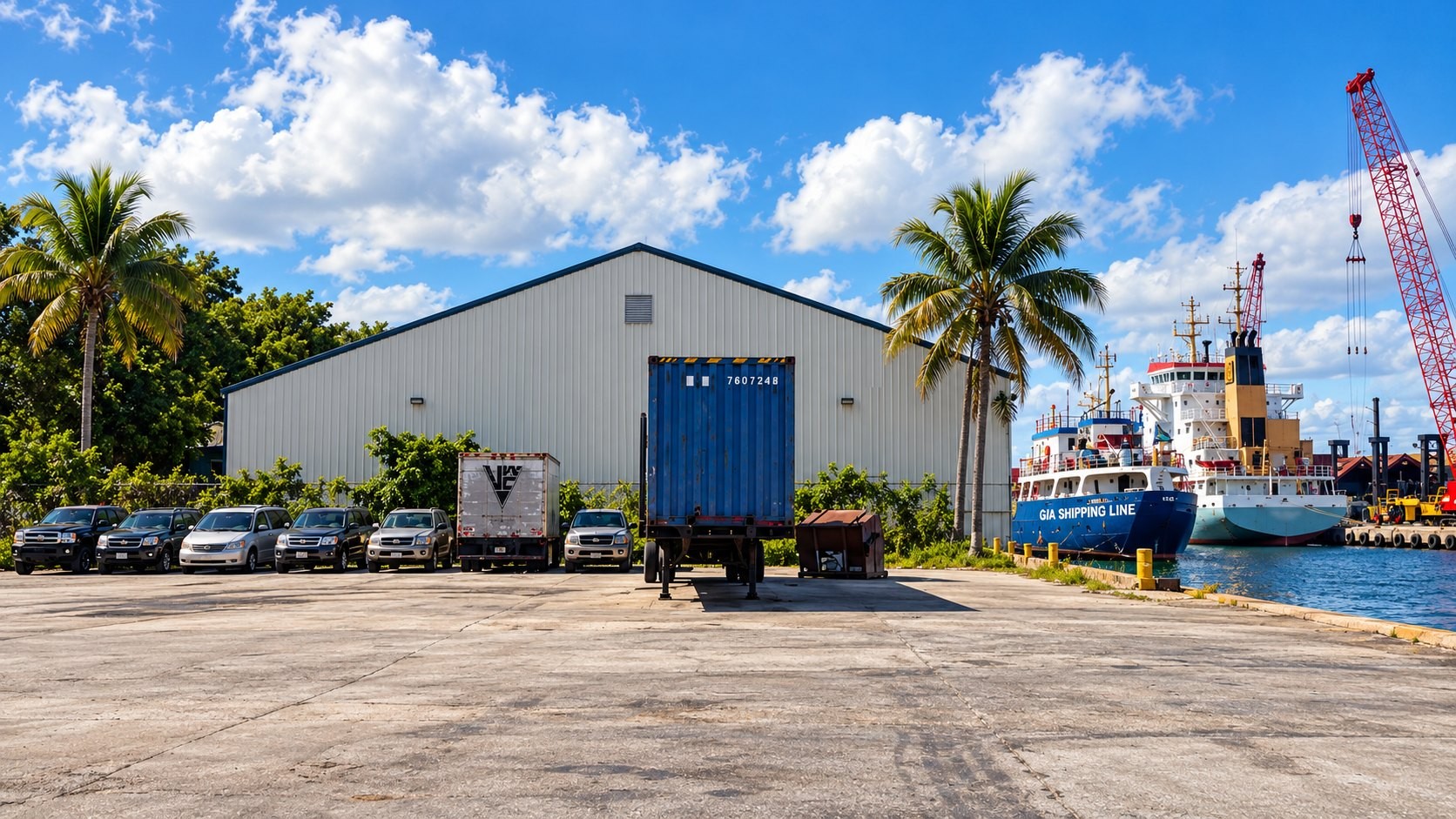The Miami yard, with the warehouse, a blue container in front, and the ship at the water.