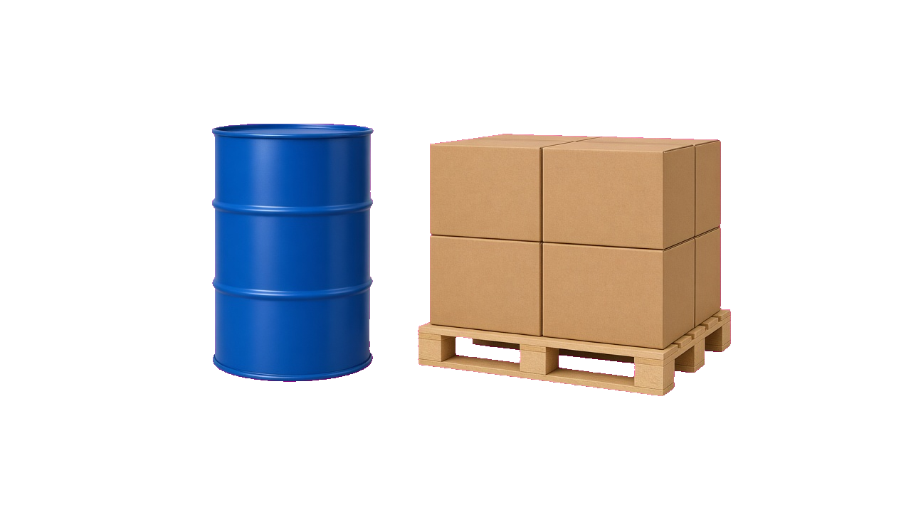 A blue drum and cardboard boxes on a pallet.