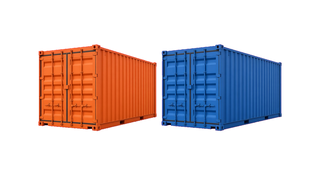 A blue shipping container and an orange shipping container.