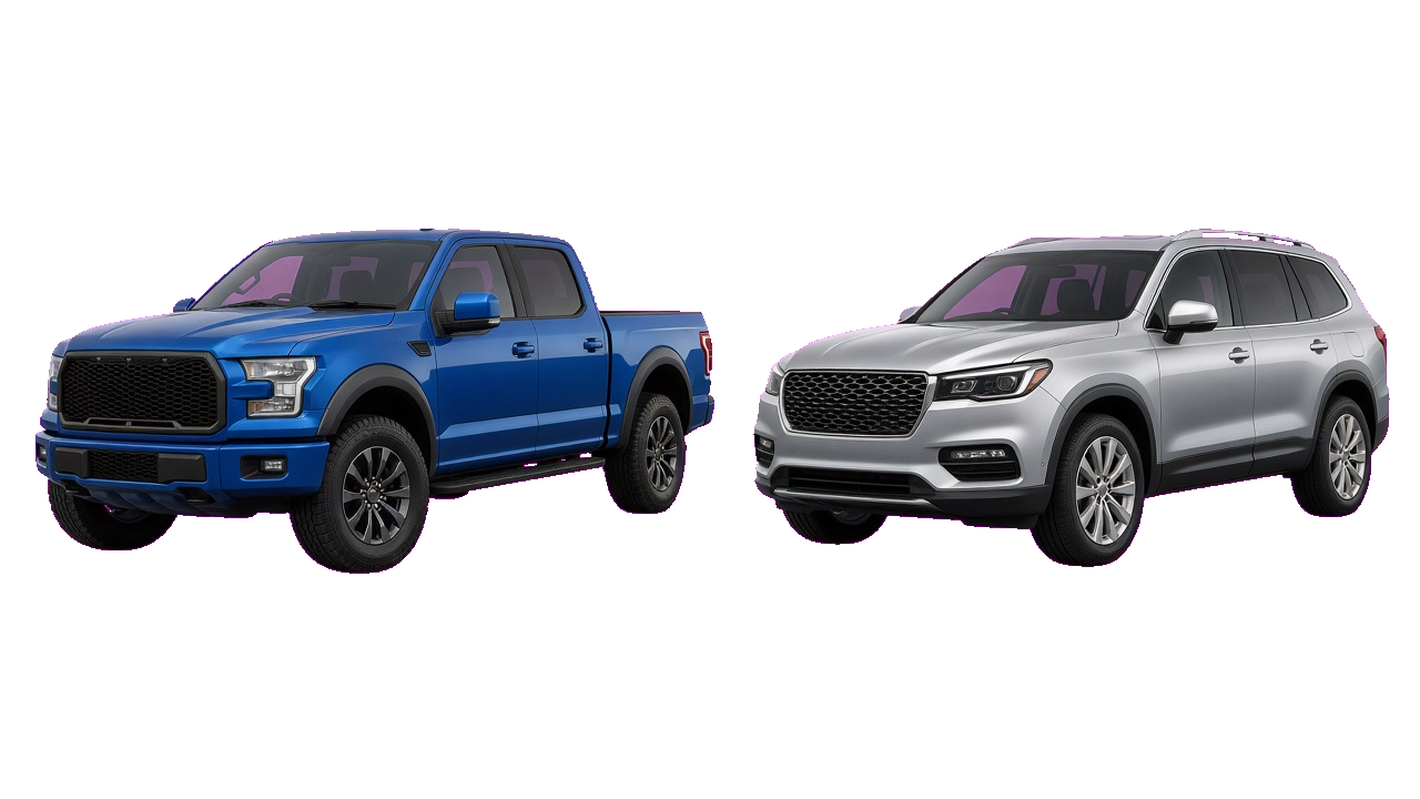 A silver SUV and a blue pickup.