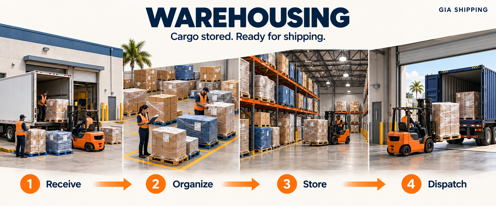 Warehousing. Cargo stored in Miami, ready for your next sailing. Steps: receive your cargo, organize your shipment, store until departure, prepare for shipping.